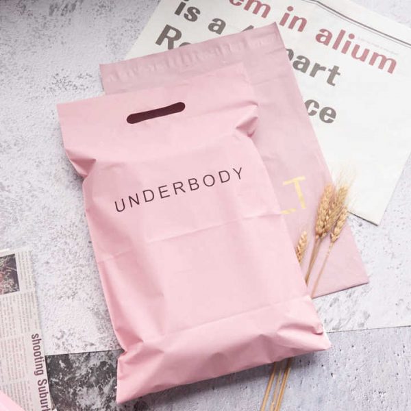 Recycled LDPE Pink poly mailing bag with handle