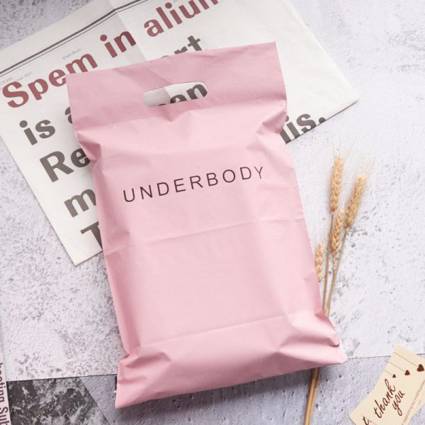 Recycled LDPE Pink poly mailing bag with handle