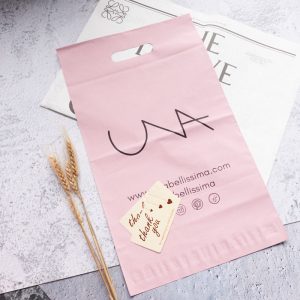 Recycled LDPE Pink poly mailing bag with handle
