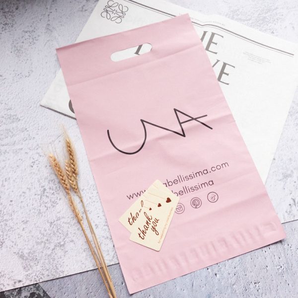 Recycled LDPE Pink poly mailing bag with handle